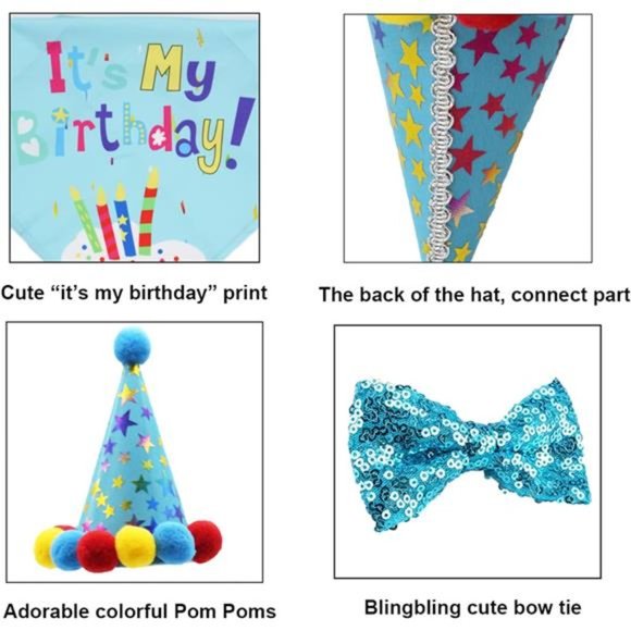 Dog Birthday Bandana Scarf &Dog Girl Boy Birthday Party Hat with Cute Dog BowTie - Picture 6 of 7